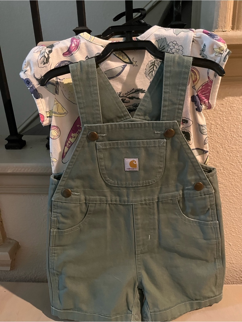 Carhartt Medium Green Shortall Set with Veggie Print Bodysuit